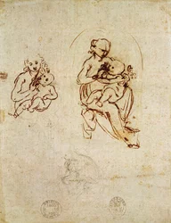 Studie für die Jungfrau und das Kind, ca. 1478-1480 (Tinte und Bleistift auf Papier)